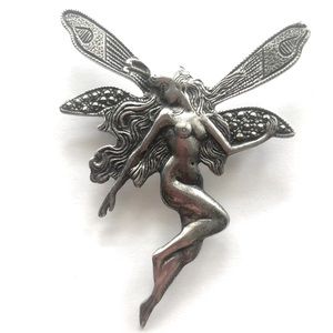 Vintage Sterling Silver Marcasite Art Nouveau Fairy Brooch Pendant - 925